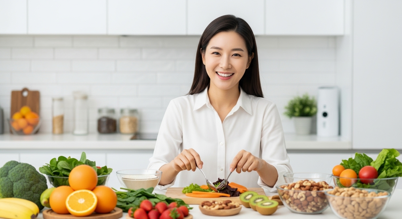 영양 균형 잡힌 식단과 충분한 수분 섭취 - 신선한 과일과 채소가 가득한 식탁에서 건강한 음식을 준비하는 한국인 여성