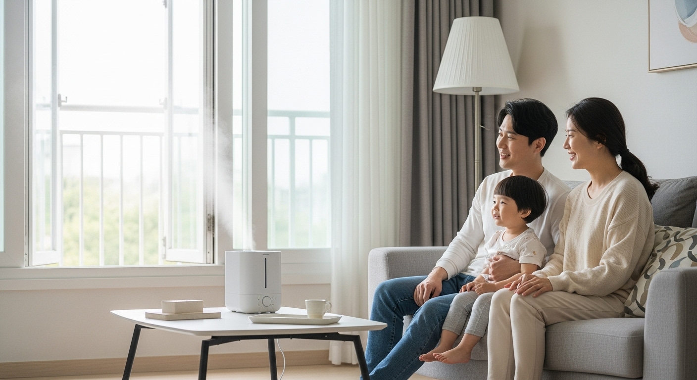 쾌적한 실내 환경 조성과 적극적인 예방 - 창문을 열고 환기하며 가습기 옆에 앉아있는 한국인 가족의 모습