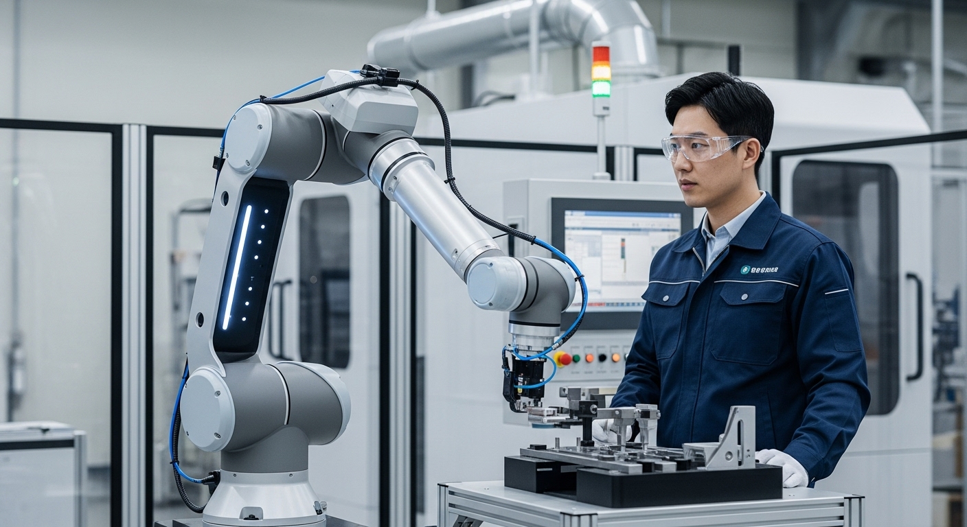 로봇 기술, 산업과 일상에 스며들다 - 현대적인 제조 시설에서 한국인 엔지니어와 함께 정밀하고 안전하게 작업하며 인간-로봇 상호작용을 보여주는 협동 로봇 팔