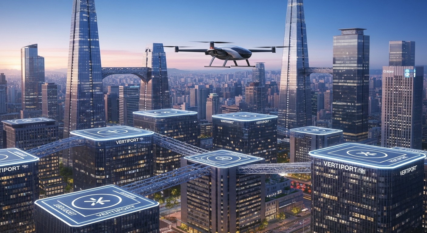 UAM, 도심의 하늘을 열다: 미래 모빌리티의 핵심 - 미래 서울 스카이라인 위로 비행하는 UAM 비행체와 지정된 버티포트, 효율적이고 지속 가능한 항공 운송을 보여주는 스마트 도시 인프라