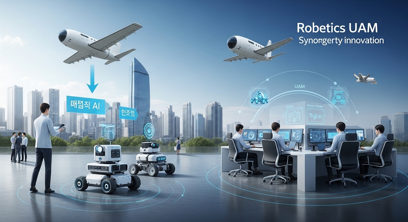 AI, 로봇, UAM 융합: FIX 2025 비전과 미래 전략 - 스마트 도시 환경에서 AI, 로봇, UAM 요소가 매끄럽게 통합된 개념적 이미지, 미래형 관제 센터에서 자율 지상 로봇과 하늘의 UAM을 모니터링하며 시너지를 통한 혁신을 시사