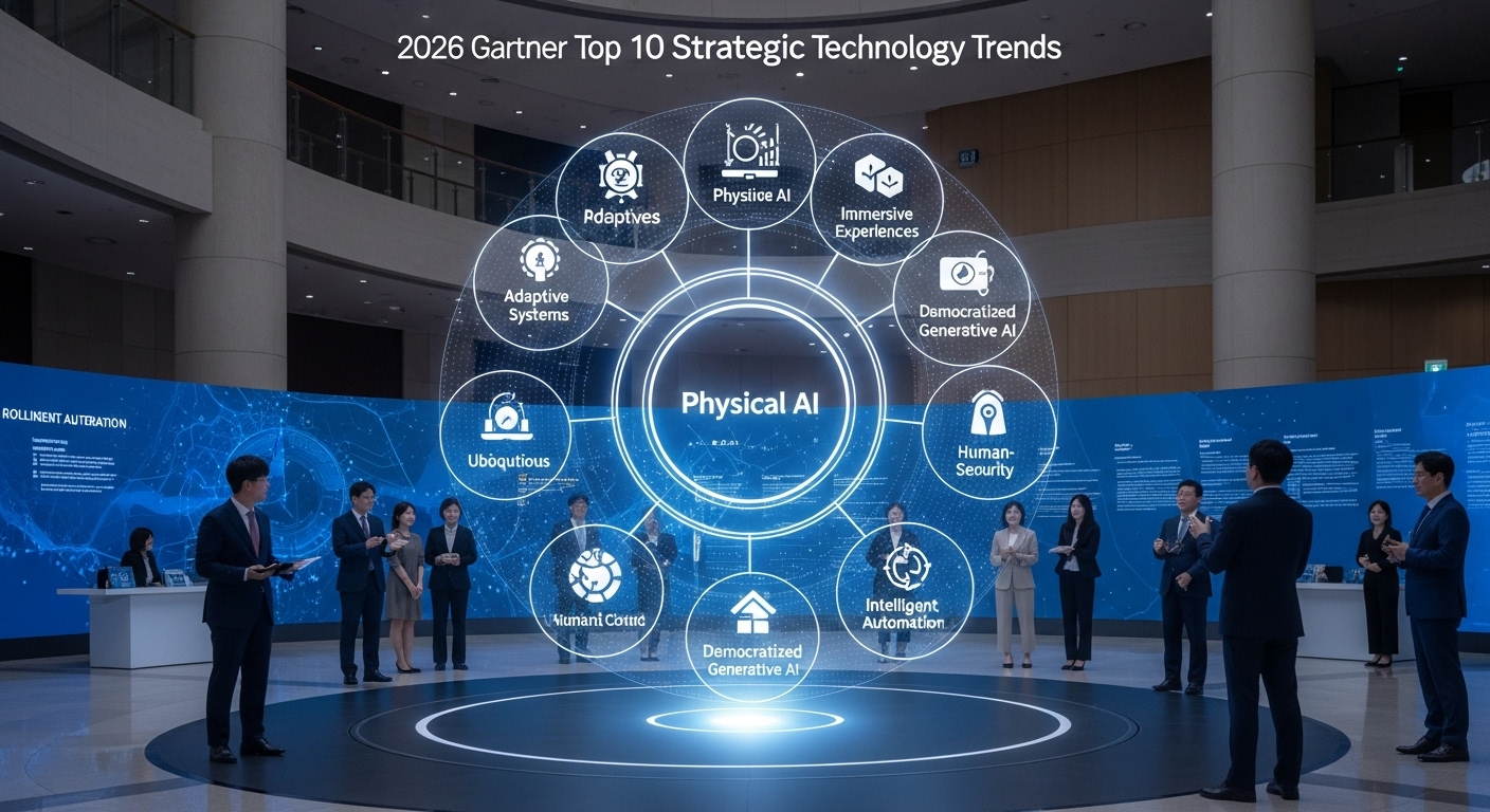 가트너 2026년 10대 전략 기술 트렌드 - 홀로그램 차트의 중앙에서 빛나는 피지컬 AI와 이를 논의하는 한국인 비즈니스 리더들