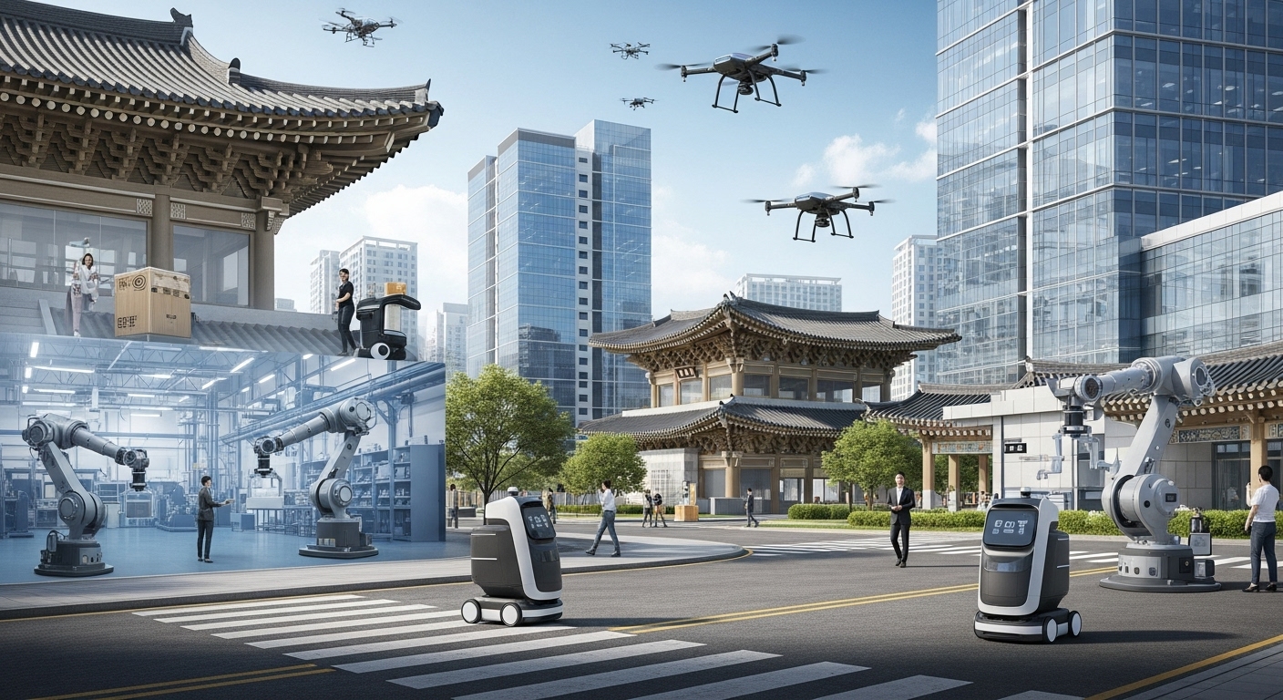 피지컬 AI가 적용된 미래 스마트 도시의 모습 - 자율주행 로봇, 드론, 공장 로봇 등이 활발하게 움직이는 한국적 미래 도시 전경