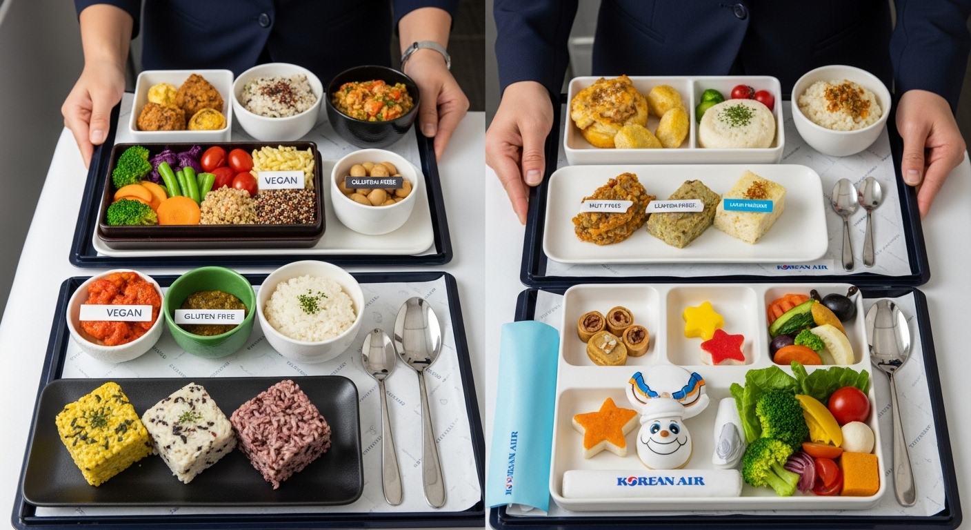 새롭게 선보이는 특별 기내식 종류 - 대한항공 로고가 새겨진 트레이에 담긴 비건식, 저알레르기식, 아동식 등 다채로운 특별 기내식이 고급스럽고 먹음직스럽게 전시된 모습