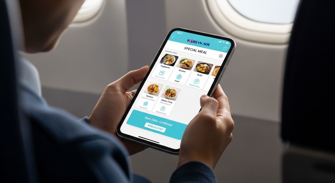 특별 기내식 주문 방법 및 유의사항 - 대한항공 모바일 앱 또는 웹사이트를 통해 특별 기내식을 간편하게 주문하는 한국인 승객의 모습, 직관적인 UI가 돋보인다