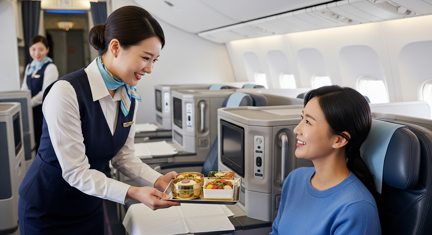 승객 경험 향상 및 미래 항공 서비스의 방향 - 대한항공 승무원이 한국인 승객에게 정성껏 준비된 특별 기내식을 제공하며, 승객은 만족스러운 미소를 짓는 모습으로 고객 중심 서비스가 강조된다