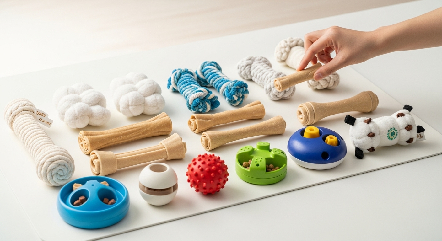 올바른 놀이 장난감 선택 가이드 - 무독성 재료로 만들어진 다양한 강아지 장난감들이 깨끗한 매트 위에 놓여있는 모습과 장난감을 고르는 한국인의 손