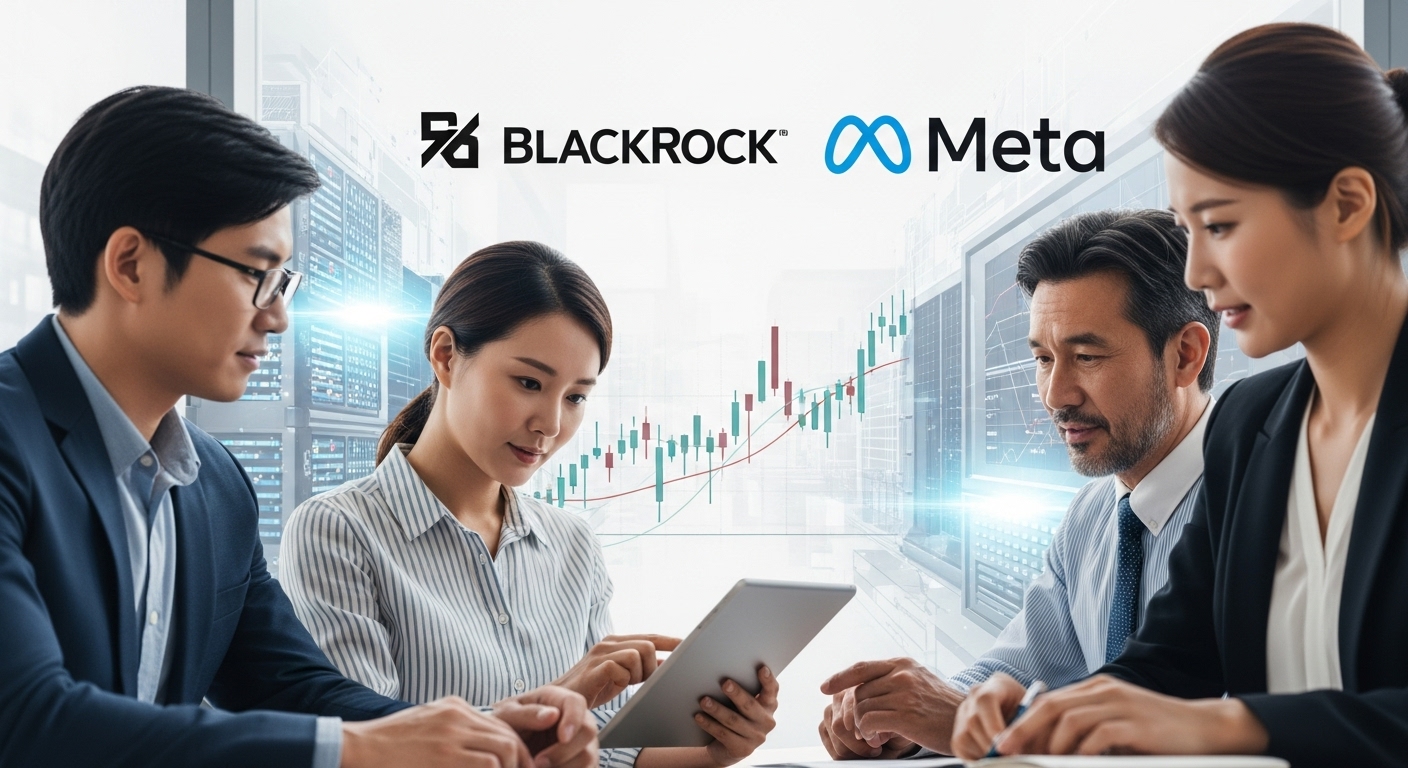 블랙록 ETF 메타 데이터센터 투자 분석: 한국인 여성을 포함한 투자자들이 태블릿으로 금융 차트를 분석하며, 배경에는 블랙록과 메타 로고, 데이터센터와 디지털 네트워크가 추상적으로 표현된 모습