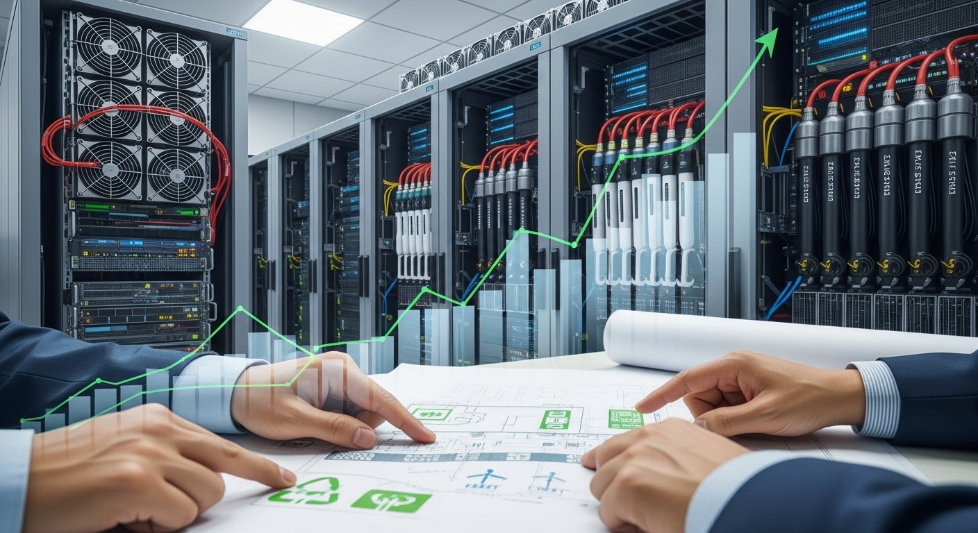 2025년 데이터센터 시장 전망: 분주한 서버룸에 기존 공랭식 및 신형 액체 냉각 시스템이 공존하며, 성장세를 나타내는 금융 그래프가 오버레이된 모습. 전경에서는 친환경 데이터센터 청사진을 논의하는 손들이 보인다.