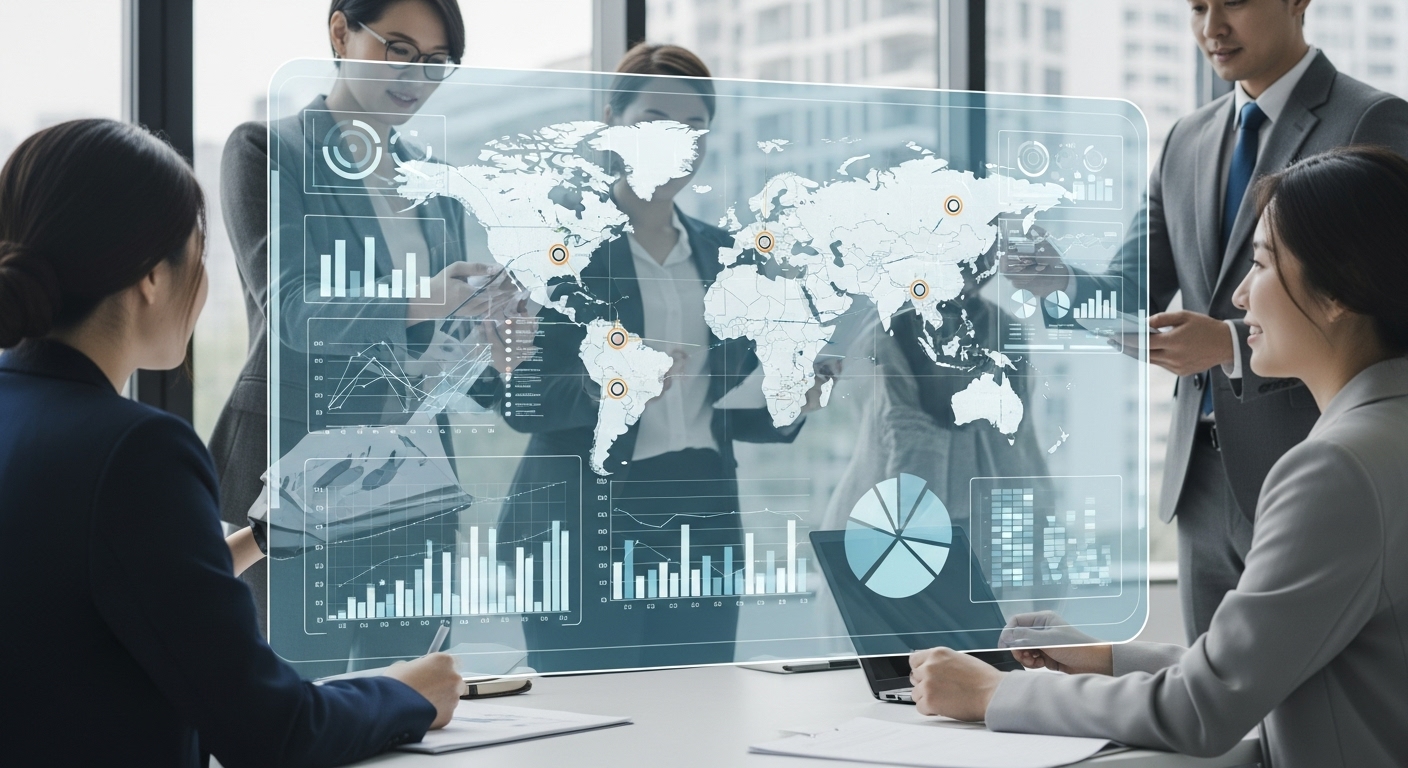 데이터센터 투자 미래 전략: 한국인 여성을 포함한 다양한 분석가들이 대형 투명 스크린에서 재무 차트, 데이터 포인트, 주요 데이터센터 위치가 표시된 세계 지도를 보며 전략적 투자 결정 및 리스크 평가를 논의하는 모습
