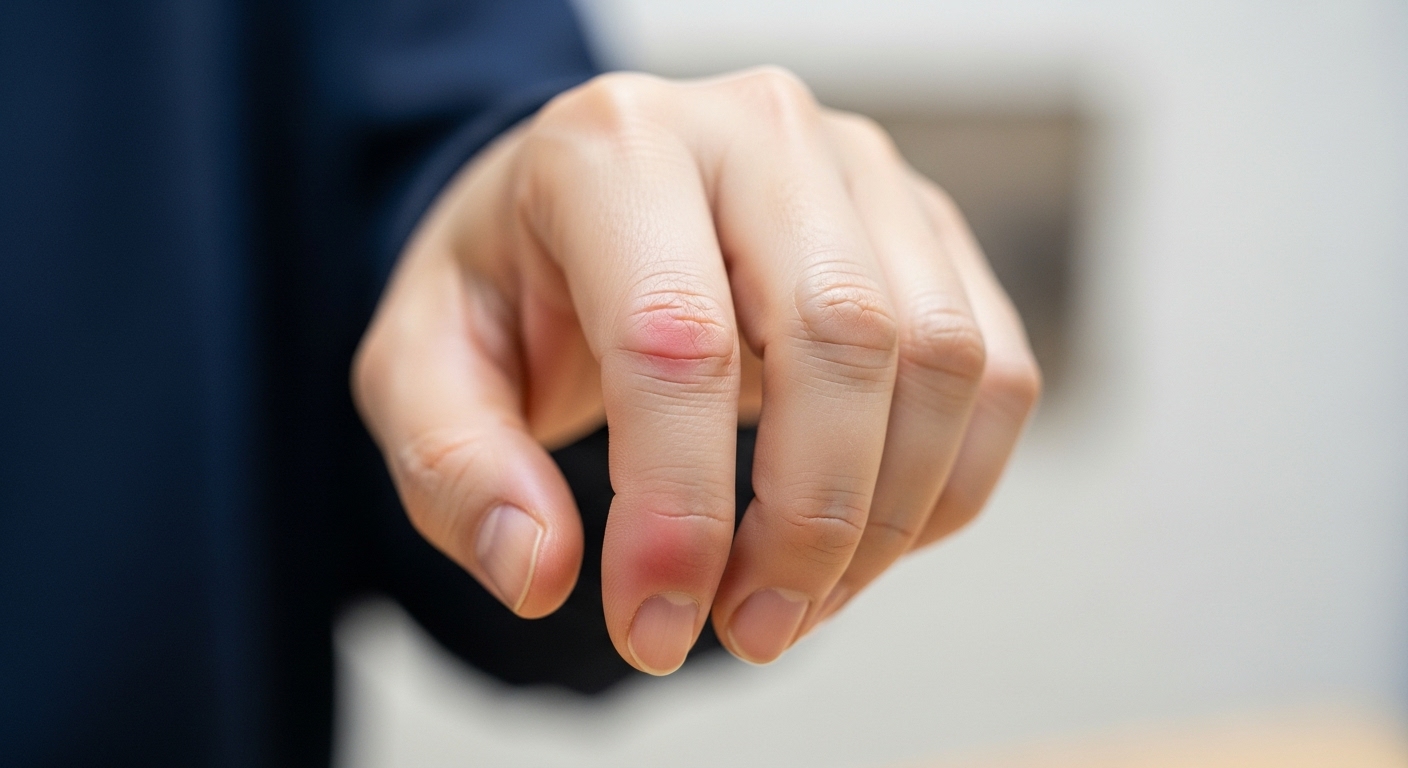 놓치지 말아야 할 퇴행성 관절염의 초기 위험 신호들 - 손가락 관절 주변에 약간의 부기와 붉은 기가 보이는 한국인의 손 클로즈업 이미지