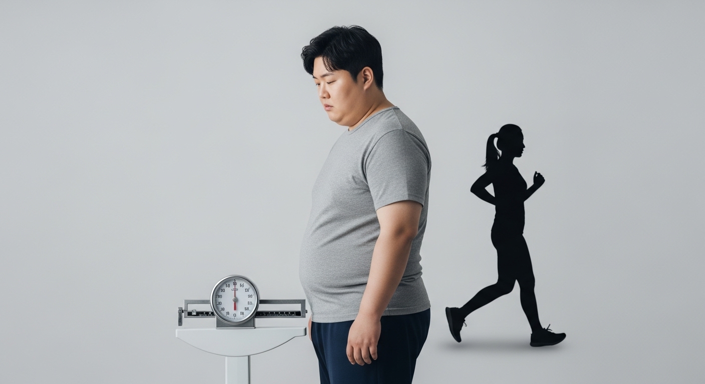 관절 건강을 위협하는 주요 위험 요인과 생활 습관 - 체중계 위에 서서 약간 걱정하는 표정의 과체중 한국인과, 배경에 가볍게 운동하는 사람의 실루엣