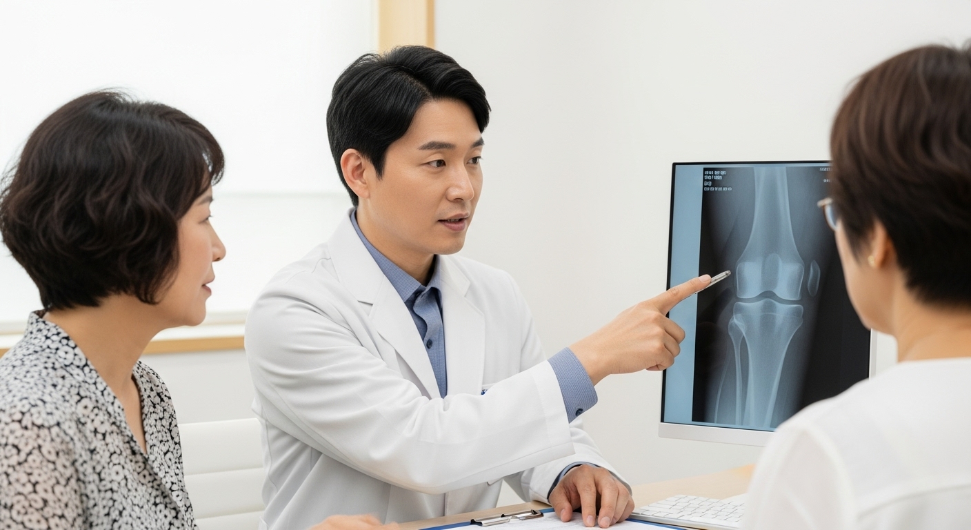 위험 신호 발견 시 대처법 및 관절 건강 예방 전략 - 한국인 의사가 중년 한국인 환자에게 무릎 X선 사진을 보여주며 진찰하는 모습