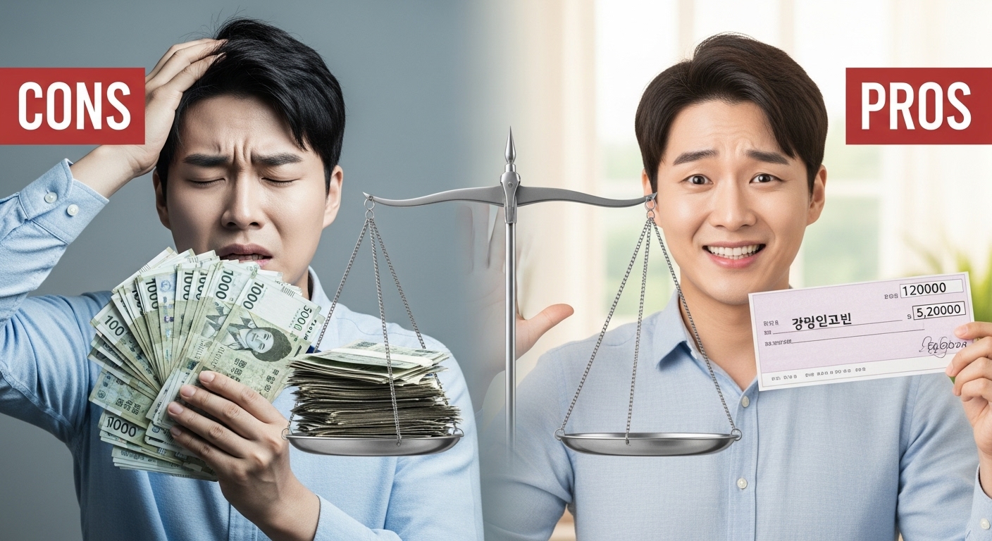 사망 보험금 유동화 제도의 장점과 단점 - 한 한국인이 재정적 스트레스와 현금 확보 후 안도하는 두 가지 상황이 대조적으로 표현된 이미지.