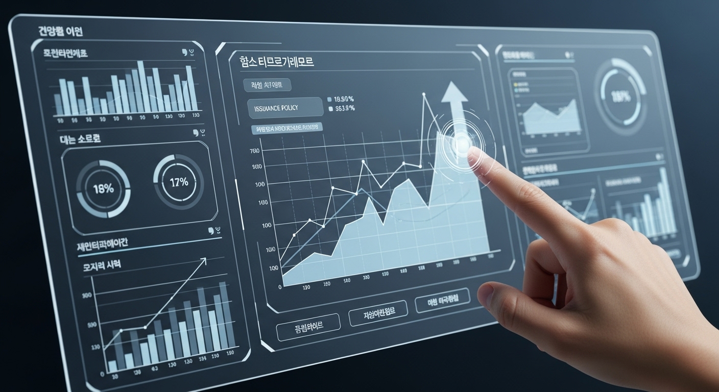 사망 보험금 유동화 제도 현황 및 전망 - 한국인의 손이 금융 동향과 보험 정책 관련 데이터를 보여주는 미래형 디지털 인터페이스의 상승 그래프를 가리키며 제도의 성장 가능성을 나타내는 모습.
