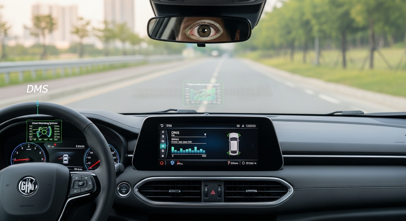 기술적 진보를 통한 '전방 미주시' 해결 전략 - 운전자 모니터링 시스템과 센서 데이터가 보이는 자율주행 차량 내부