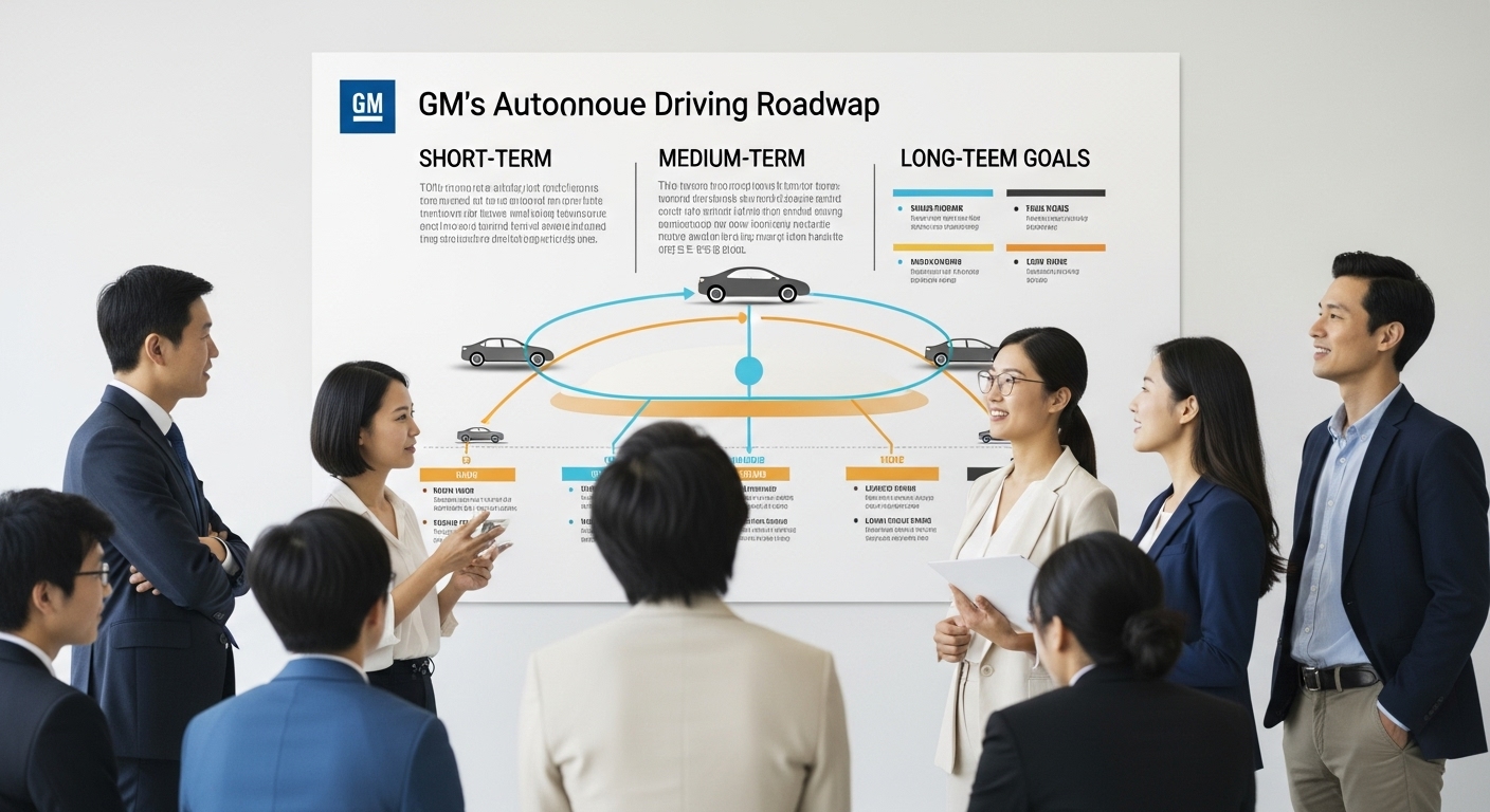 안전 로드맵의 핵심 전략과 단계별 목표 - 자율주행 로드맵 인포그래픽을 보며 토론하는 전문가들