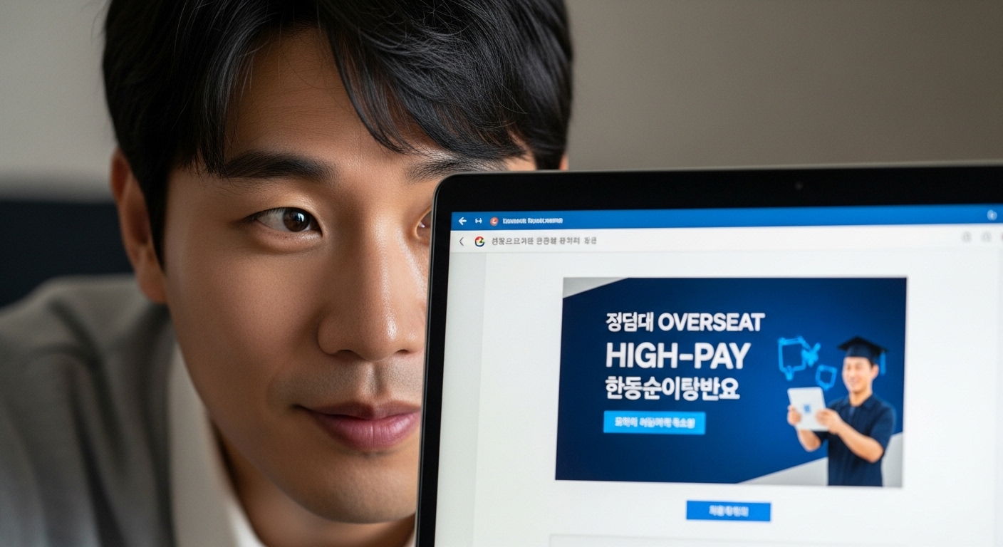 주요 범죄 수법과 실제 피해 사례 분석 - 한 한국인 남성의 얼굴이 고수익 해외 취업을 광고하는 기만적인 온라인 광고가 표시된 노트북 화면 빛에 부분적으로 가려져 있다. 희망과 미묘한 회의감이 뒤섞인 표정으로 사기 전술에 맞선 심리적 싸움을 보여준다.