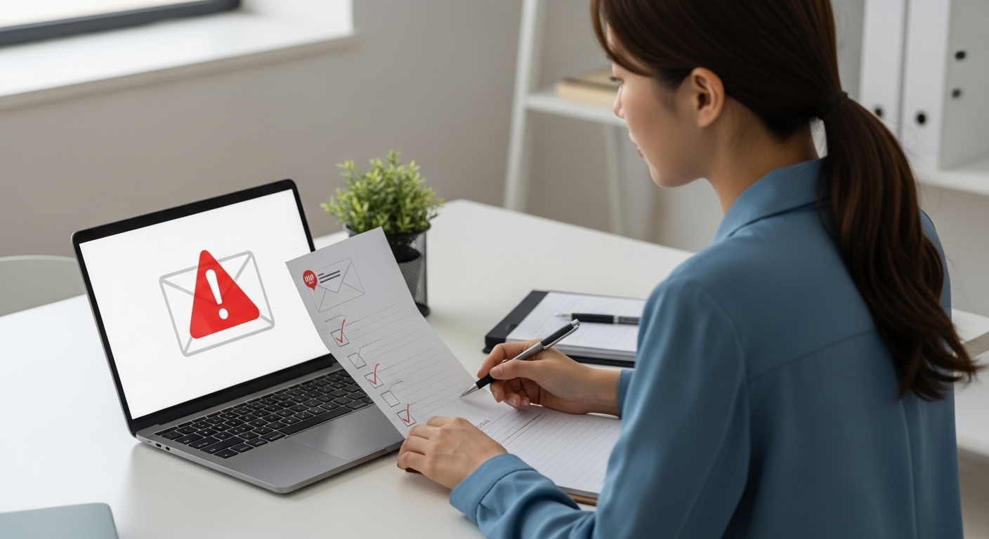 피해 예방을 위한 핵심 수칙 및 대처 방안 - 한 한국 여성이 노트북 화면의 이메일을 신중하게 확인하며 옆에 놓인 체크리스트를 활용하여 스캠 예방을 위한 적극적인 조치를 취하고 있다.