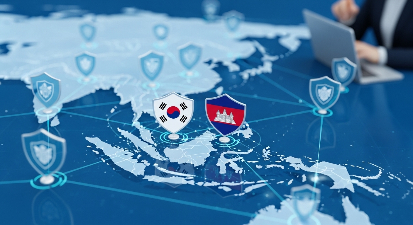국제 공조 강화 및 정책적 노력 - 동남아시아 지도 위에 한국과 캄보디아 국기가 선명하게 표시된 상호 연결된 보안 방패의 글로벌 네트워크를 보여주는 세련된 디지털 그래픽으로, 사이버 범죄에 대한 국제 법 집행 협력 강화를 상징한다.