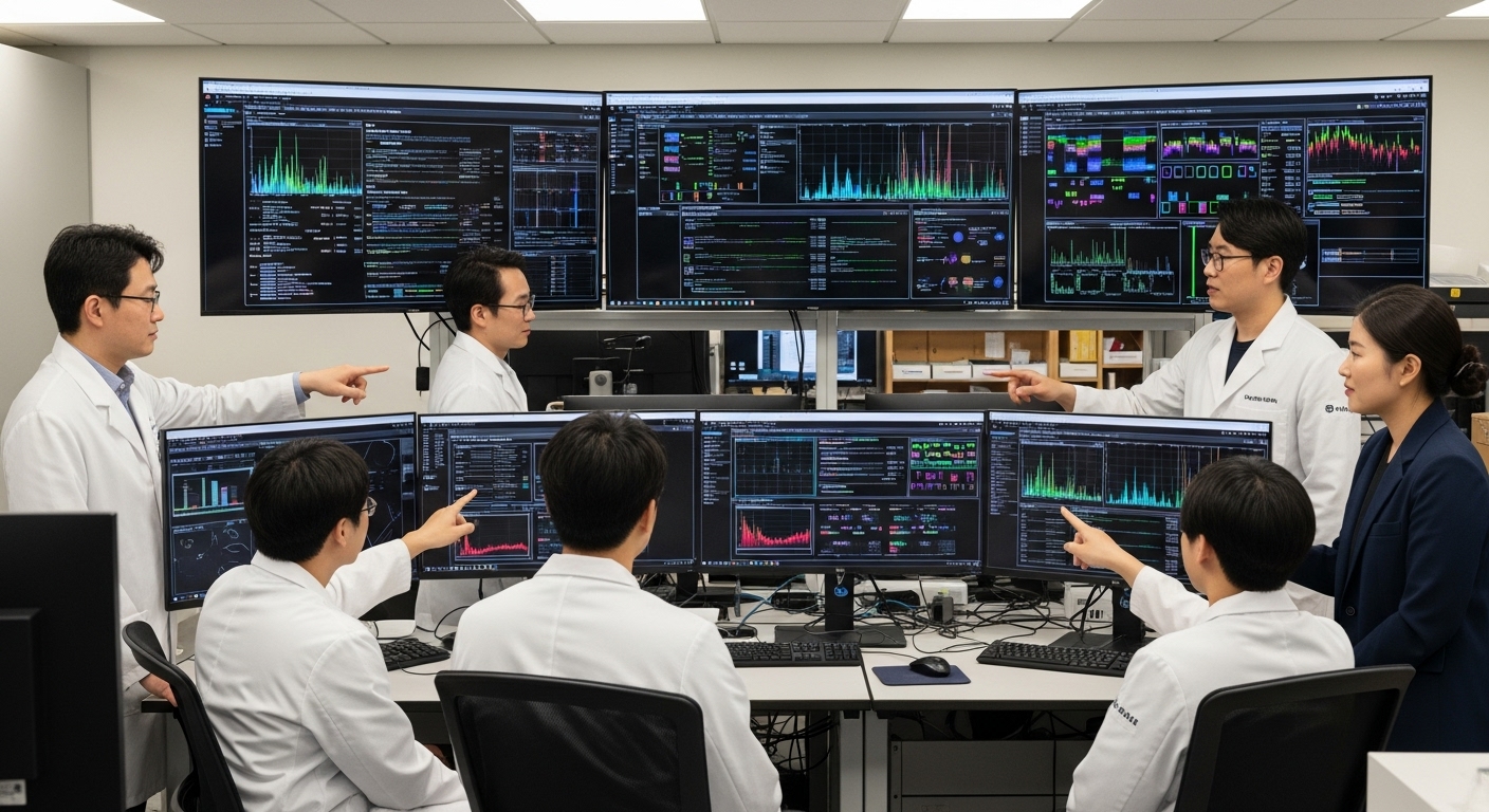 최신 연구 동향과 잠재적 치료 분야 - 다양한 한국인 연구자들이 협력 연구실에서 복잡한 유전체 데이터를 여러 화면에서 보며 혈장 성분 및 재생 치료법 관련 연구 결과를 논의하는 모습