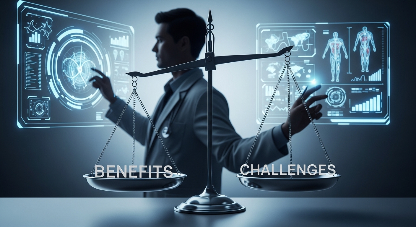 혈장 연장술의 기대 효과와 한계점 - 한쪽에는 '장점', 다른 한쪽에는 '도전 과제'가 적힌 저울이 균형을 이루고 있으며, 뒷 배경에는 미래형 인터페이스로 의료 기록을 검토하는 한국인 의사의 실루엣이 있다