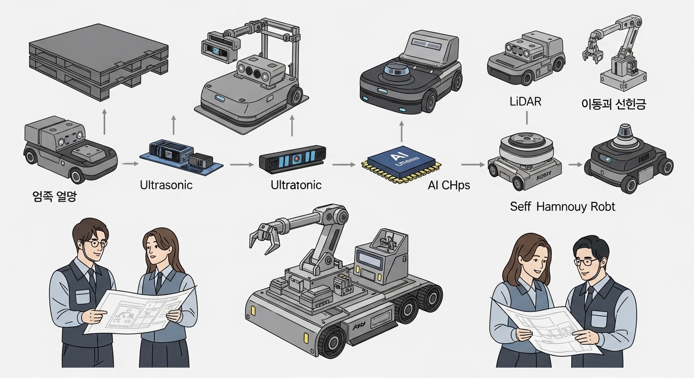 주차 로봇의 작동 원리와 주요 유형 - 팔레트 기반, AGV, 자율주행 등 다양한 주차 로봇의 작동 원리를 센서, AI 칩과 함께 상세하게 보여주는 다이어그램과 이를 검토하는 한국인 엔지니어들