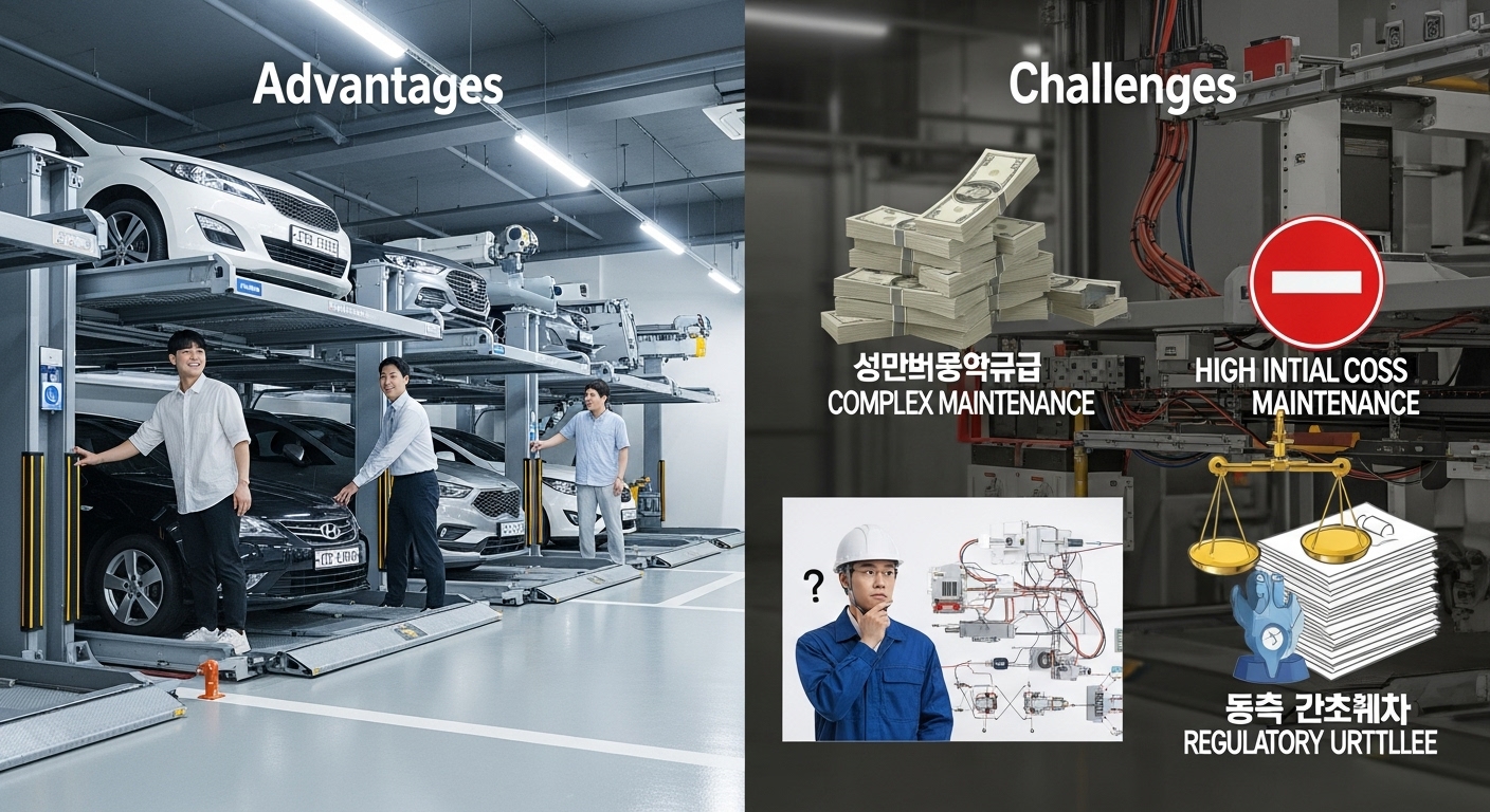 주차 로봇 도입의 장점과 예상되는 도전 과제 - 한쪽에는 깨끗하고 넓은 로봇 주차장에서 미소 짓는 한국인들이 서 있고, 다른 한쪽에는 높은 초기 비용, 복잡한 유지보수, 규제 문제로 고민하는 한국인 엔지니어가 있는 비교 이미지
