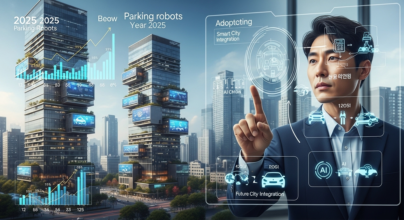 2025년 주차 로봇 시장의 현황과 미래 전망 - 스마트 주차장이 통합된 미래 도시 전경과 2025년 이후의 시장 성장 및 주차 로봇 도입 예측 데이터를 보여주는 시각화 자료. 한국인 도시 계획가가 미래 스마트 도시 통합 계획을 디지털 디스플레이에서 설명하는 모습