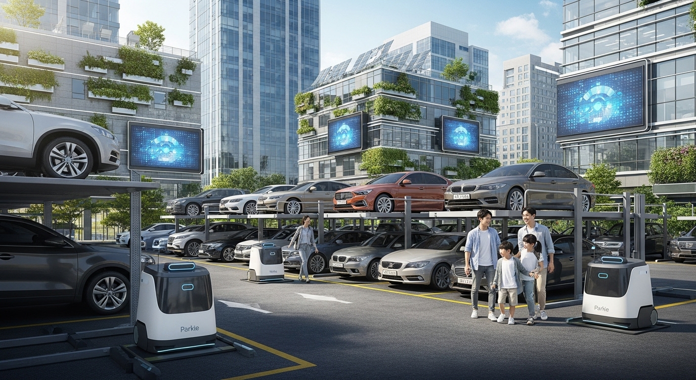'파키'가 가져올 스마트 주차의 변화 - HL 로보틱스 '파키' 로봇들이 주차를 효율적으로 관리하는 번화한 도시 환경. 차량들이 깔끔하게 정돈되어 공간 활용 극대화를 보여준다. 주변 건물들은 미래 지향적인 스마트 시티 요소를 갖추고 있으며, 한국인 가족이 쉽게 자신들의 차를 찾고 있다.