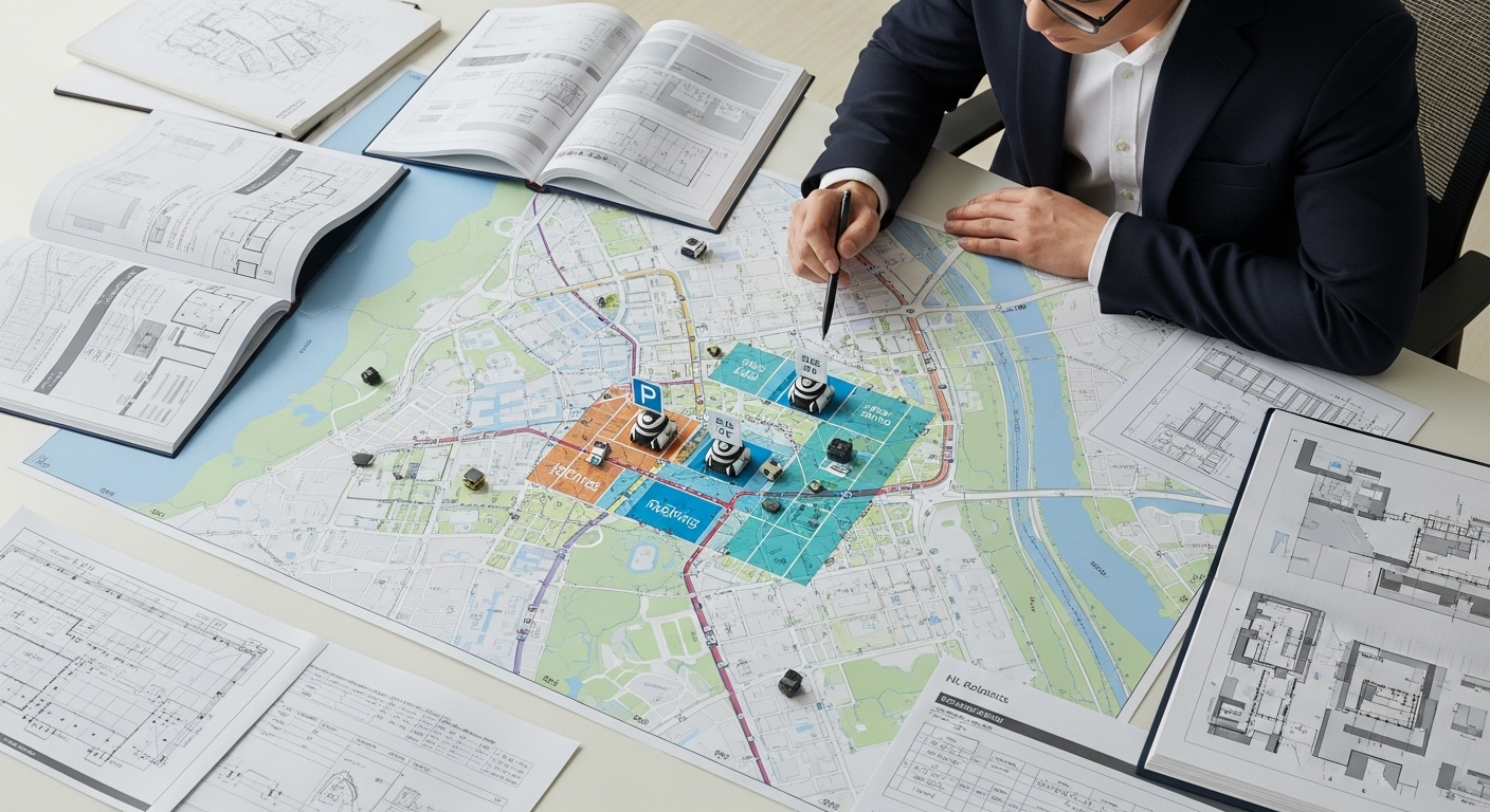 '파키' 도입을 위한 과제와 해결 방안 - 다양한 구역과 인프라를 보여주는 복잡한 도시 계획 지도. HL 로보틱스 '파키' 로봇들이 주차 구역 내에서 움직이는 작은 아이콘으로 그려져 있다. 책상 위에는 로봇 주차 통합의 과제와 해결책을 나타내는 규제 문서와 청사진이 펼쳐져 있다. 한국인 도시 계획가가 지도를 연구하고 있다.