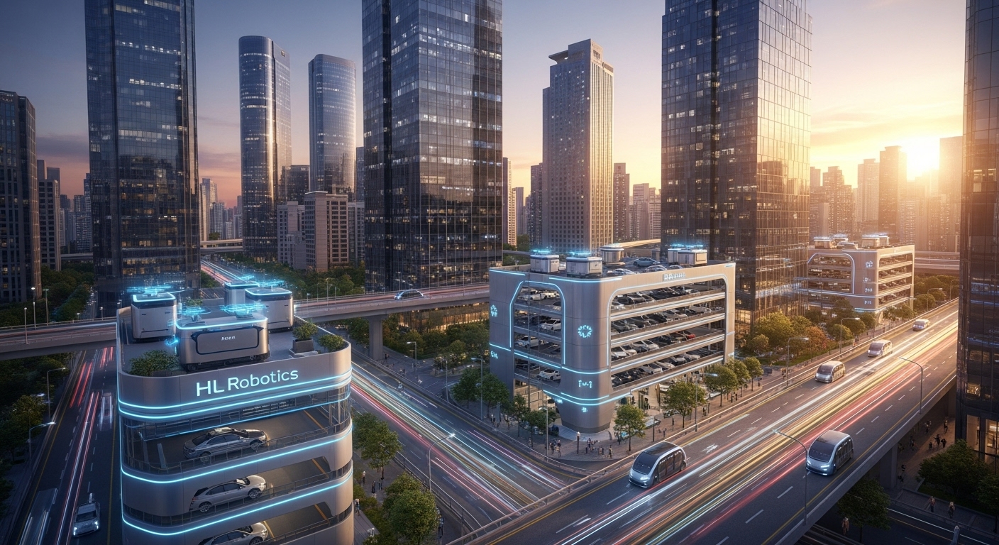 2025년 이후 '파키'와 로봇 주차 시장의 미래 - 스마트 인프라가 통합된 미래 지향적이고 활기찬 도시 스카이라인. HL 로보틱스 '파키' 로봇들이 다층 주차 구조에서 원활하게 작동하며 유동적인 도시 모빌리티 시스템에 기여하고 있다. 자율주행 차량들도 도로에서 보인다.