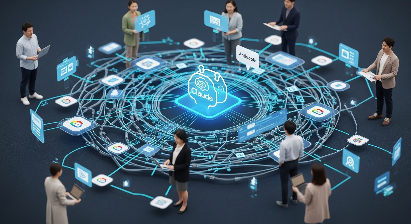 구글 클라우드 생태계와 사용자들에게 미칠 영향 - 복잡하게 얽힌 디지털 네트워크 위에 앤스로픽의 클로드 AI가 통합되어 기업 애플리케이션을 강화하는 모습