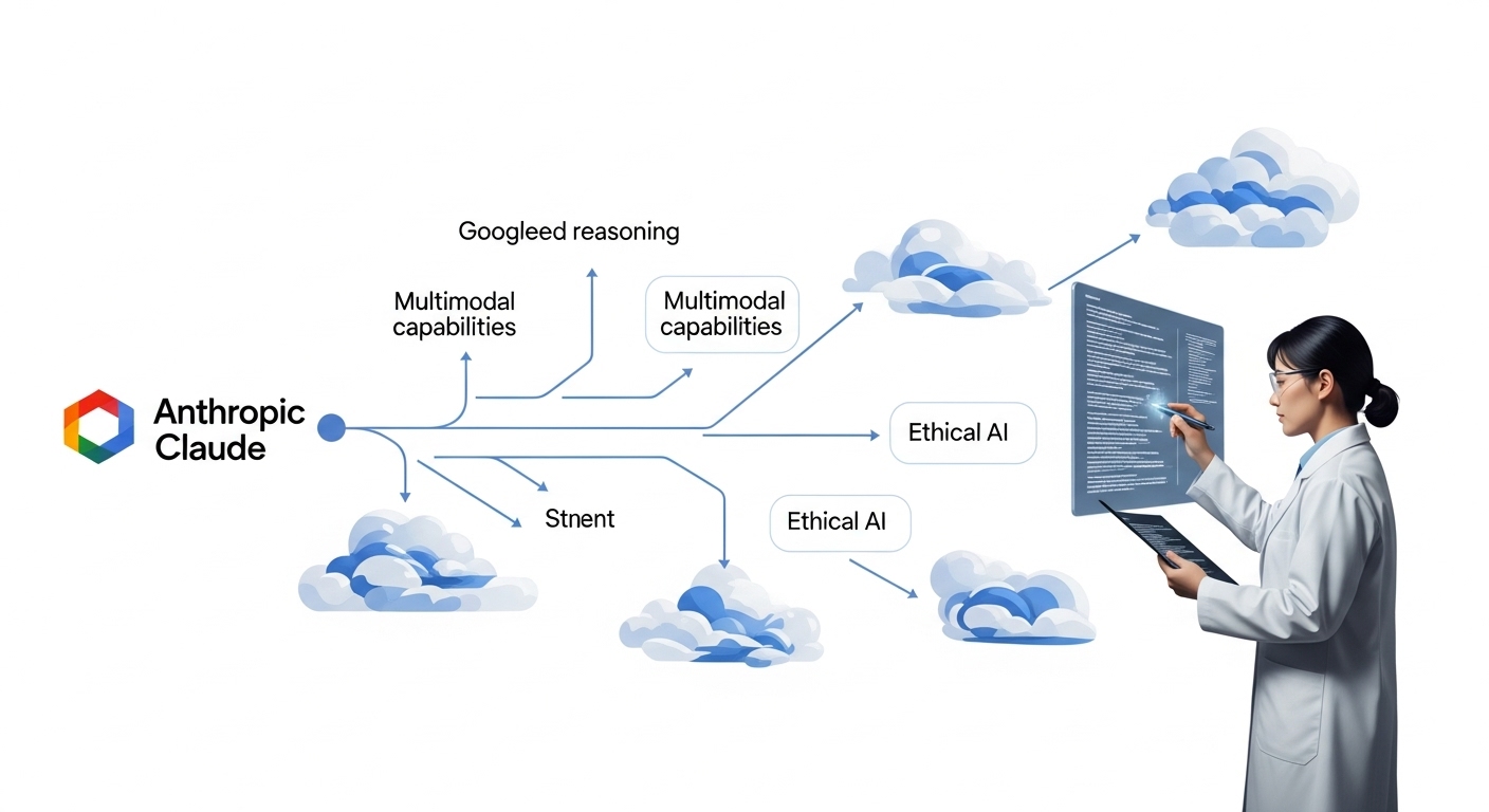 앤스로픽의 AI 발전 로드맵과 안전한 AI 개발 - 클로드 로고에서 시작하여 다양한 AI 개발 영역과 윤리적 AI 경로가 표시된 상세한 로드맵, 안전을 위해 코드를 검토하는 과학자 모습