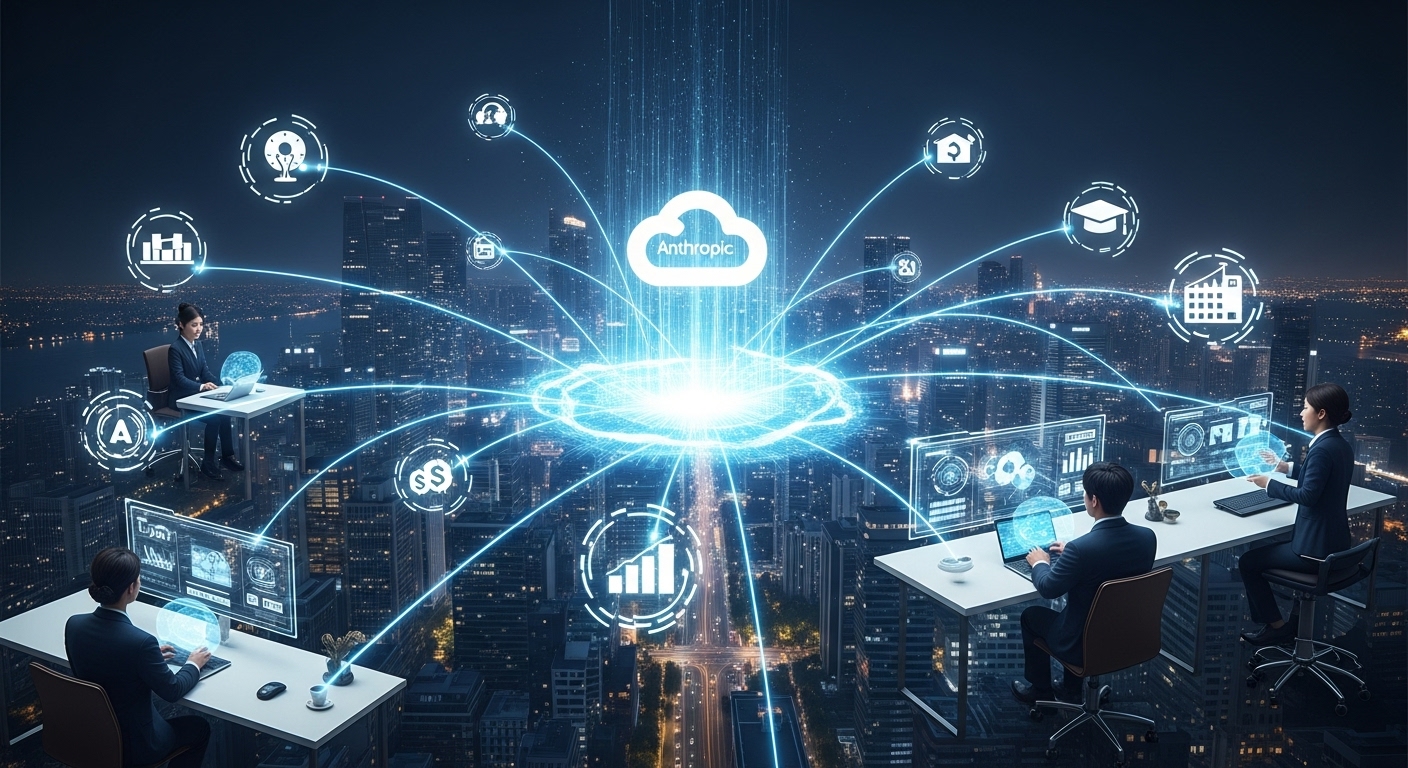 산업 전반에 미칠 파급 효과 및 미래 전망 - 디지털 기술이 연결된 미래 도시 전경과 구글 클라우드의 에너지가 다양한 산업에 영향을 미치는 모습, 한국인 전문가들이 첨단 기술 환경에서 협력하는 모습