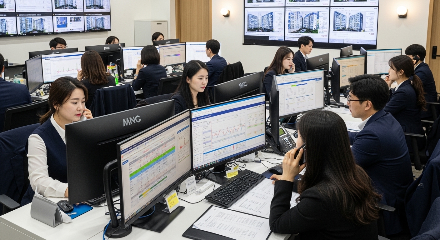 단기적 시장 반응 및 가격 안정화 추이 - 부동산 중개사무소에서 에이전트들이 아파트 시세 차트를 주시하며 고객과 상담하는 모습