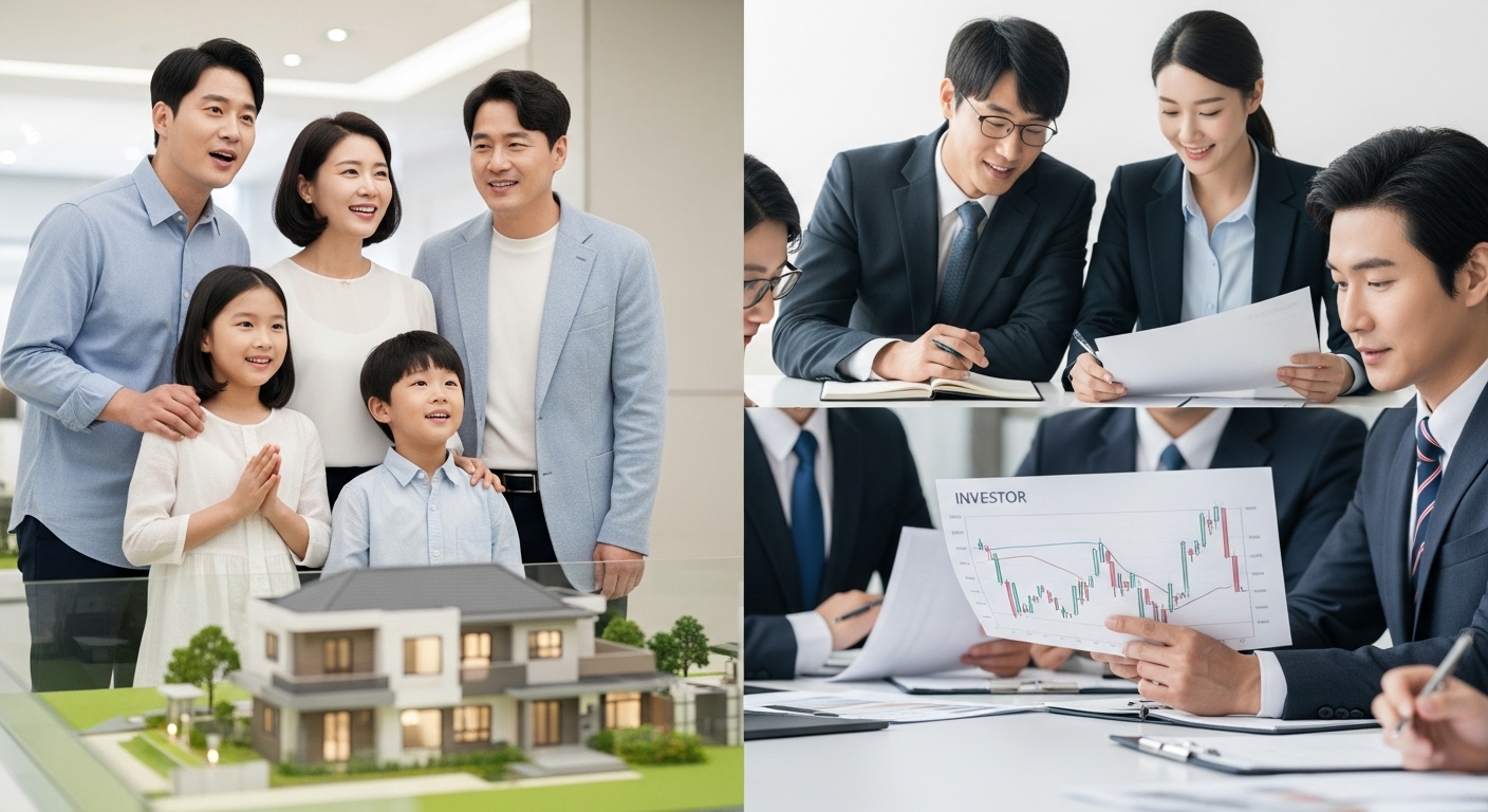 실수요자와 투자자에게 미친 영향 분석 - 모델하우스를 보는 가족과 부동산 서류를 분석하는 투자자들의 모습