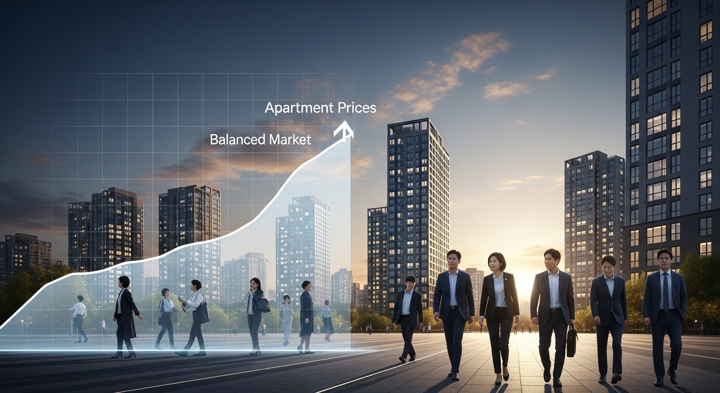 장기적 전망과 향후 정책 방향 - 안정적인 아파트 가격 상승 곡선이 있는 미래의 서울 도심과 시민들이 새 아파트 단지로 걸어가는 모습