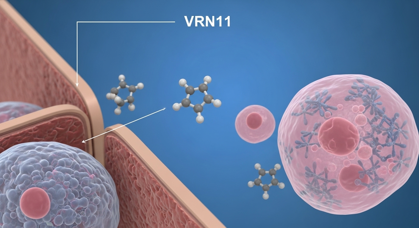VRN11의 작용 기전과 뇌혈관장벽 투과 능력 - VRN11 분자가 뇌혈관장벽을 통과하여 뇌 내 암세포에 도달하는 과정을 묘사한 과학 일러스트