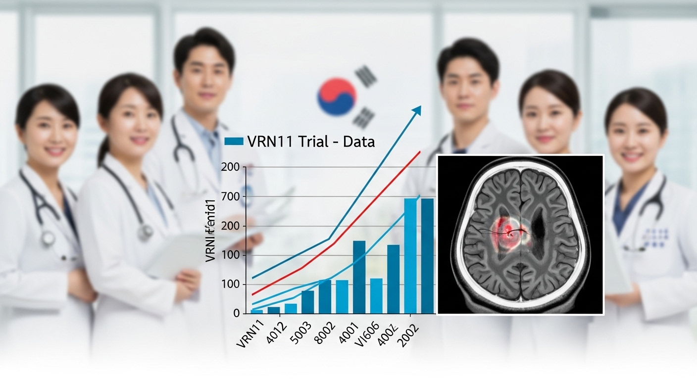 최신 임상 결과와 기대되는 치료 효과 - VRN11 임상 시험에서 종양 퇴축이 나타난 뇌 스캔 이미지와 긍정적인 치료 결과 그래프, 희망에 찬 환자들과 의료진의 모습