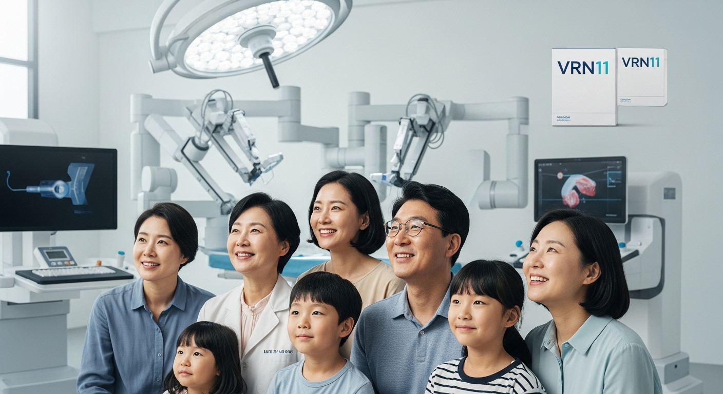 뇌전이 암 치료 패러다임 변화와 VRN11의 미래 가치 - VRN11 약물을 통해 미래에 대한 희망을 품은 다양한 환자와 가족들, 배경에는 첨단 의료 기술이 보이는 모습