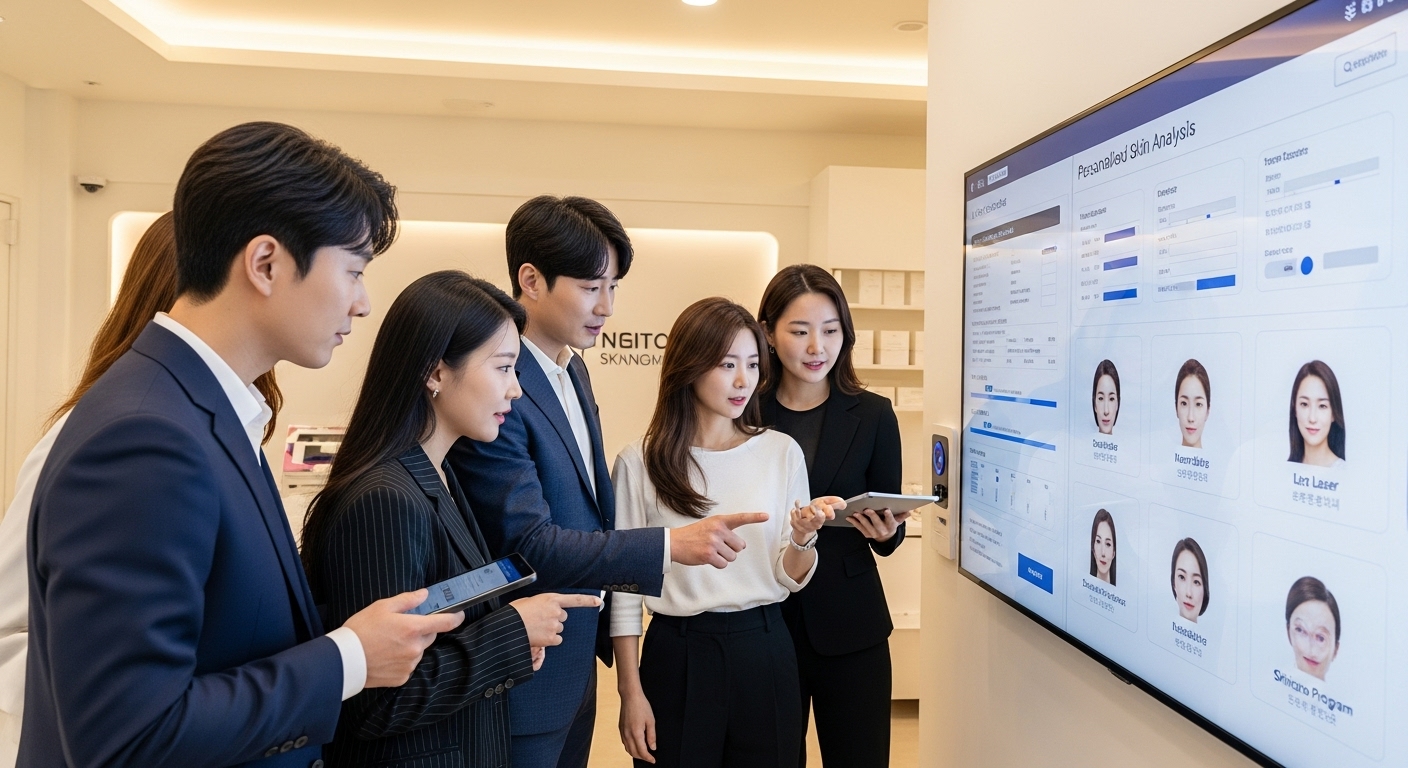 2025년 주목할 만한 K뷰티 미용 시술 트렌드 - 현대적인 클리닉에서 20~40대 한국인 남녀가 개인별 피부 분석 결과와 맞춤형 미용 시술 옵션을 디지털 화면으로 확인하는 모습