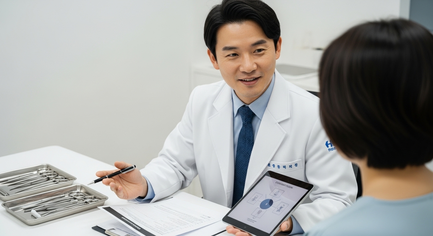 안전한 K뷰티 미용 시술을 위한 필수 가이드 - 흰 가운을 입은 한국인 의사가 한국인 환자에게 동의서와 시술 상세 내용을 설명하며 안전과 투명성을 강조하는 모습, 배경에는 멸균된 기구가 놓여 있음