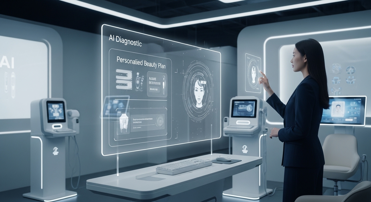 K뷰티 미용 시술의 미래: 기술과 윤리의 조화 - 미래 지향적인 한국 미용 클리닉에서 한국인 여성이 홀로그래픽 인터페이스를 사용하여 AI 진단 및 맞춤형 뷰티 플랜을 확인하는 모습, 기술과 윤리가 조화된 미래 미용을 상징