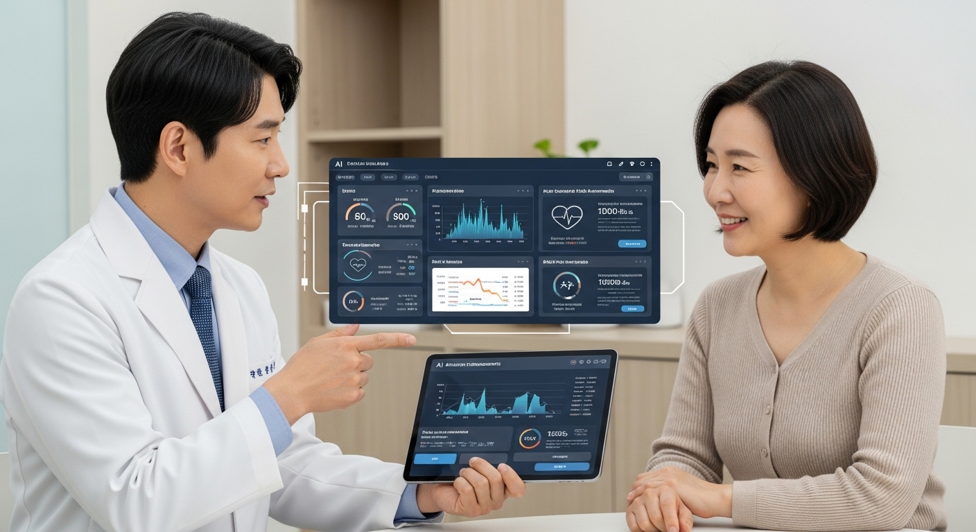 데이터 기반 예측 및 예방: 의사와 환자가 AI 기반 건강 분석 및 질병 예방 추천을 보여주는 태블릿을 함께 보는 모습
