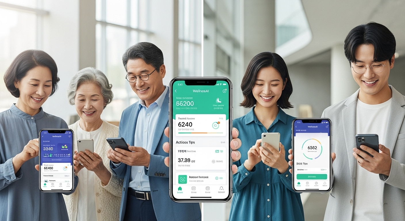사용자 편의성과 접근성 강화 - 다양한 연령대의 한국인들이 스마트폰으로 웰니스AI 모바일 앱을 쉽고 직관적으로 사용하는 모습