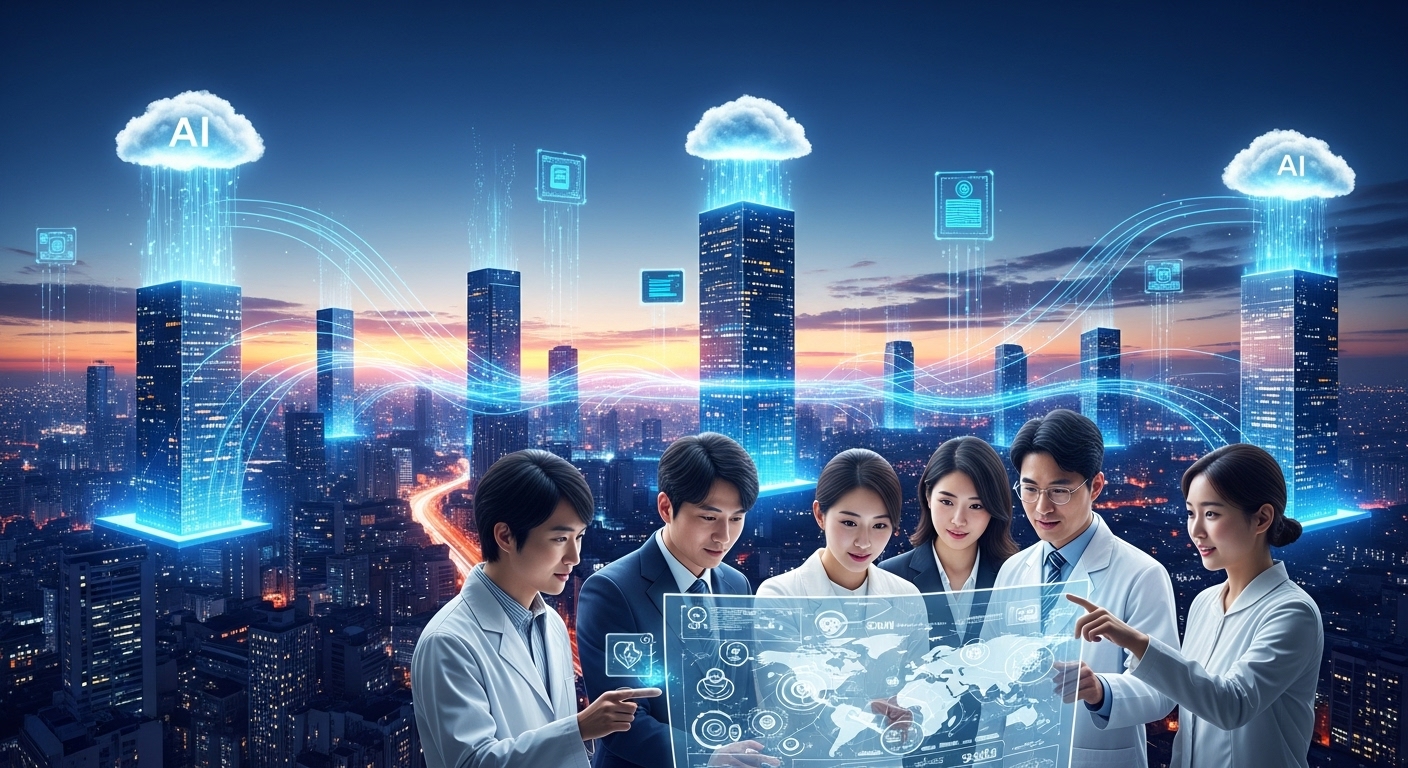 미래 건강관리 시장의 변화 - 미래 도시의 스카이라인과 디지털 헬스 생태계를 위한 청사진을 검토하는 혁신가들의 모습