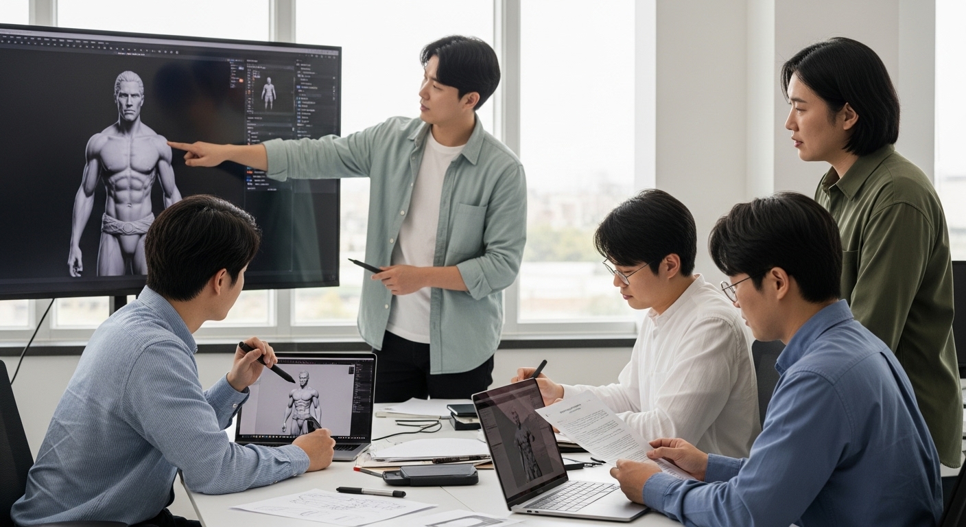 지속 가능한 K-캐릭터 생태계를 위한 과제와 미래 - 현대적인 디자인 스튜디오에서 한국인 아티스트와 개발자들이 모여 3D 캐릭터 모델을 논의하고, 디자인 스케치를 하며, 지식재산권 관련 서류를 검토하는 모습