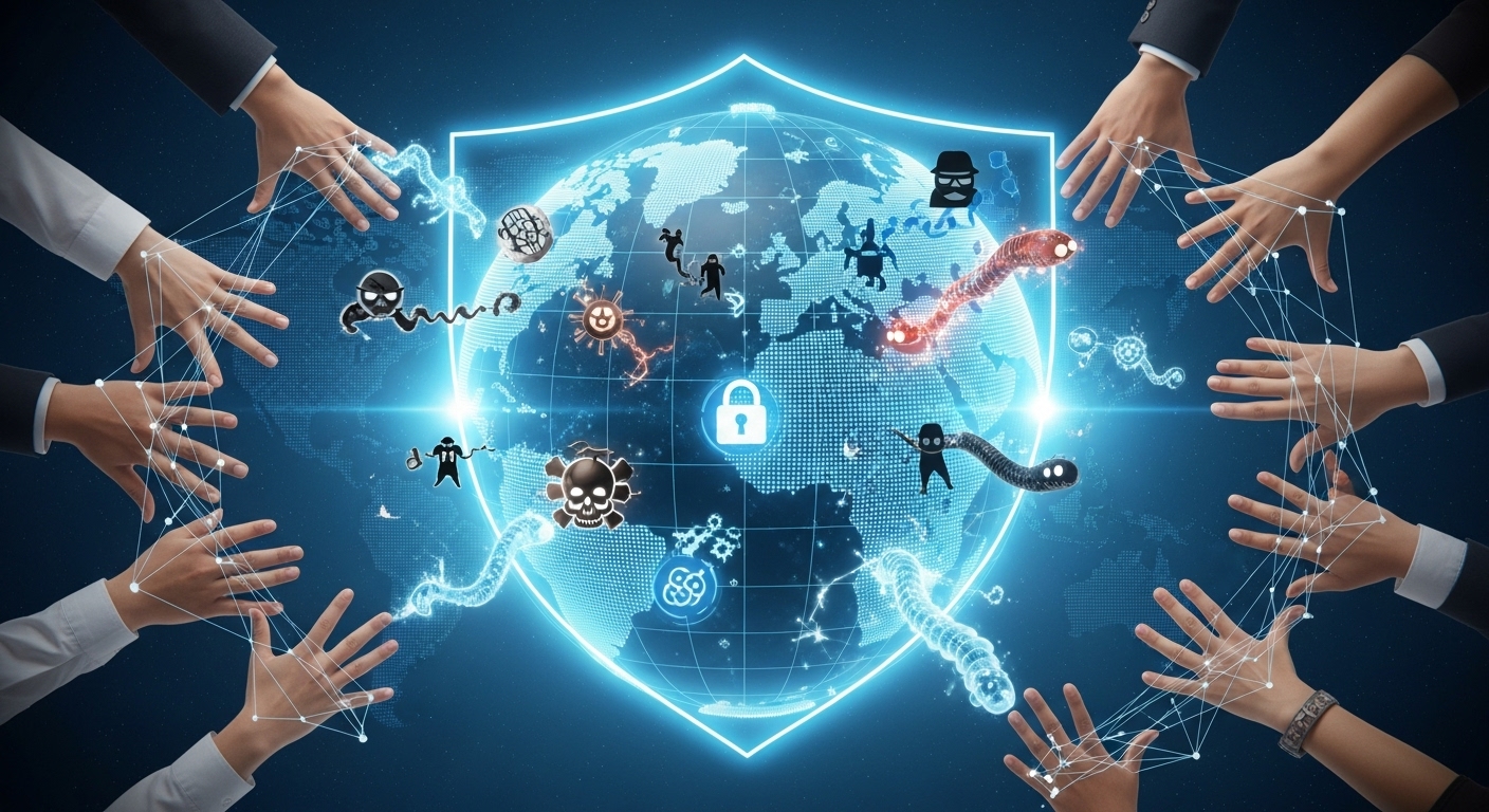 하노이 협약의 탄생 배경과 주요 목표 - 디지털 위협으로부터 세계를 보호하기 위해 여러 국가가 협력하는 모습을 나타내는 디지털 지구본 이미지