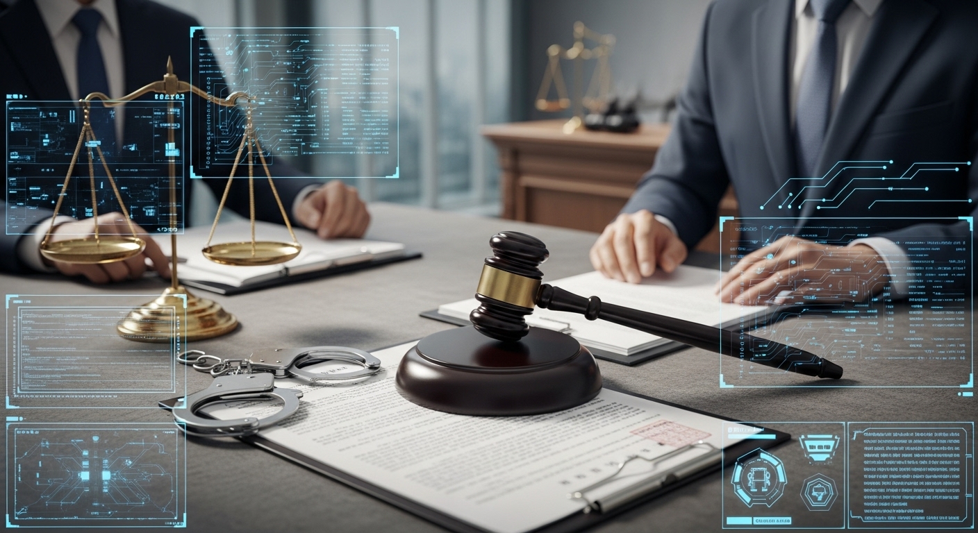 협약의 핵심 내용과 법적 기반 - 법률 문서, 법봉, 수갑, 그리고 디지털 코드 화면이 어우러져 사이버범죄 법적 집행을 상징하는 이미지